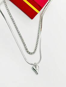 Women's Luxury Love Snake Scale Necklace + Inlaid Single Line Necklace - 銀色 - 查看 5