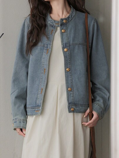 OJOK韩版浅蓝色圆领长袖常规宽松口袋多用途开衫牛仔外套