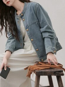 OJOK韩版浅蓝色圆领长袖常规宽松口袋多用途开衫牛仔外套