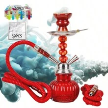 2 Hose Hookah Set, 11" Glass Hookah Shisha With Stable Glass Vase Base Tips And Foil Covers, Ready Gift