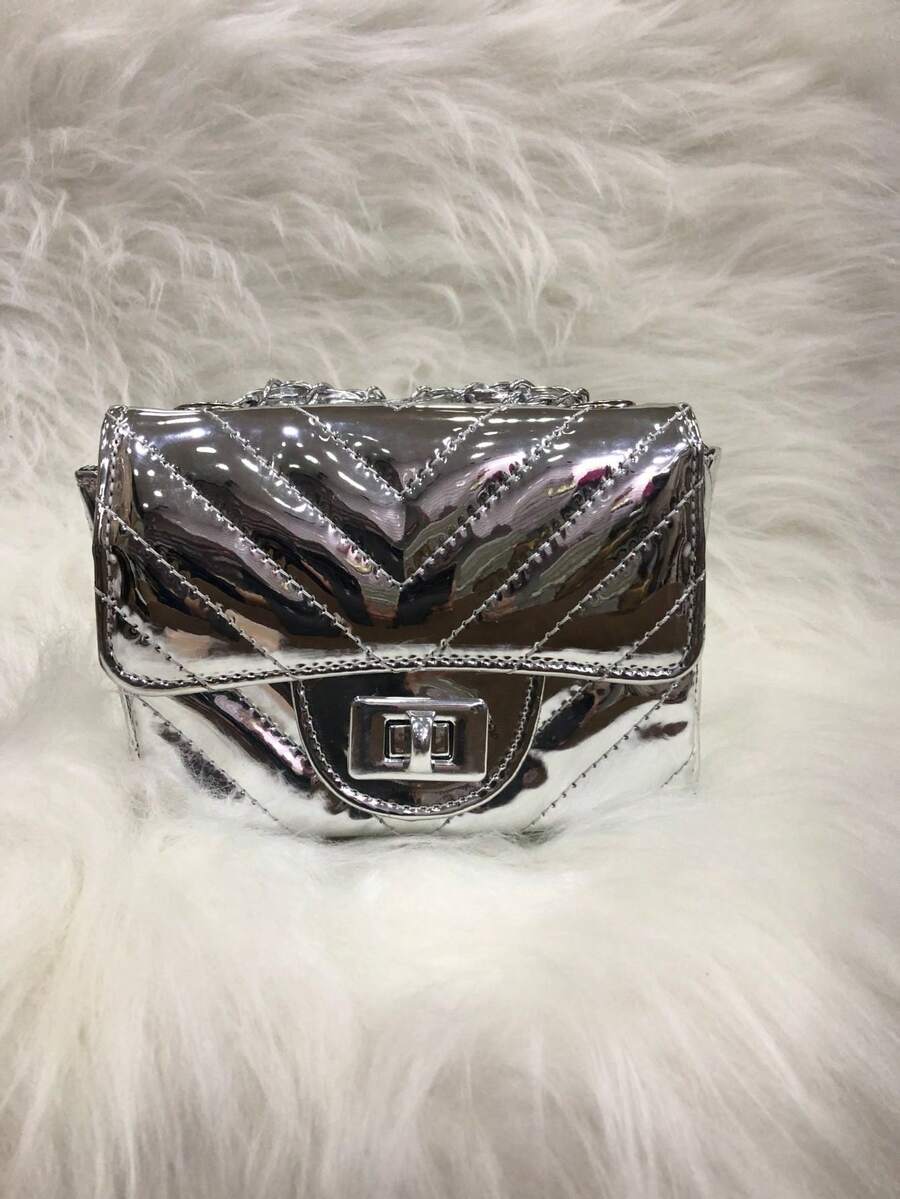 Chxnel Style Mirror Party Bag Embroidered V Metallic Mirrored Material With Cross-Over Chain And Swivel Clasp - 銀色 - 查看 1