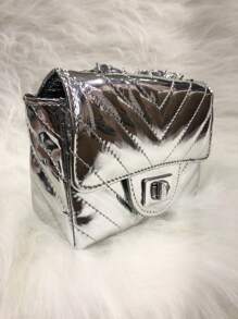 Chxnel Style Mirror Party Bag Embroidered V Metallic Mirrored Material With Cross-Over Chain And Swivel Clasp - 銀色 - 查看 2