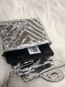 Chxnel Style Mirror Party Bag Embroidered V Metallic Mirrored Material With Cross-Over Chain And Swivel Clasp - 銀色 - 查看 6