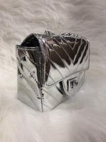 Chxnel Style Mirror Party Bag Embroidered V Metallic Mirrored Material With Cross-Over Chain And Swivel Clasp - 銀色 - 查看 3