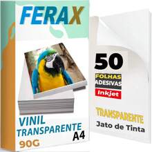 FERAX 50 Folhas Adesivas Vinil Transparente 100% Jato Tinta A4 90g - Papel Vinil
