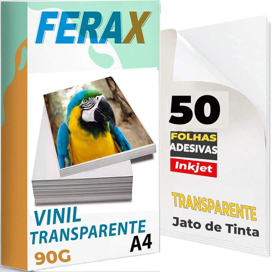 FERAX 50 Folhas Adesivas Vinil Transparente 100% Jato Tinta A4 90g - Papel Vinil