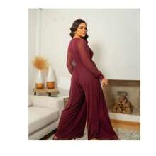 Long Sleeve Micro Tulle Palazzo Jumpsuit - Redwood - View 2