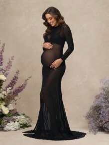 Robe de maternité à manches longues en maille, fendue et transparente pour séance photo