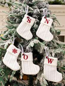 1 cái, Vớ Giáng sinh đan chữ, Đồ trang trí cây thông Noel tại nhà, Đồ trang trí Giáng sinh, Vớ Giáng sinh màu trắng, Dùng để trang trí theo chủ đề Giáng sinh, Giáng sinh - trắng - Xem 4