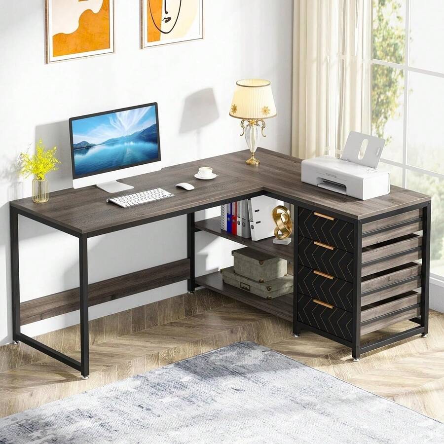 Tribesigns L Shaped Desk With Storage Drawers Reversible Office Table