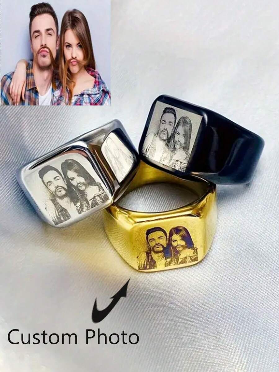1pc Custom Engraved Photo Ring Stainless Steel Perfect Gift For Couples, Family & Friends On Birthdays, Graduations & Christmas - Multicolor - View 1