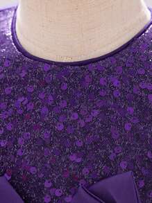 女婴纯色亮片网纱蝴蝶结薄纱蛋糕裙无袖可爱花童派对礼服，不含头饰 - 紫色 - 查看 6