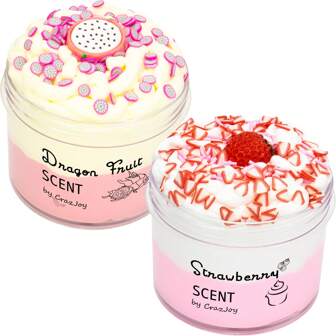 70毫升黄油蓬松史莱姆套装 - 火龙果和草莓主题双色史莱姆，柔软且香气浓郁，是男孩和女孩的理想派对礼物