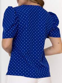 French Women's Blouse Elegant Puff Sleeve Round Neck Comfortable Polka Dots Fashion - Xanh đậm - Xem 2
