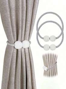 1pc No Hole Curtain Tieback, Pull-Type Pearl Beaded Tie Rope - White - View 4