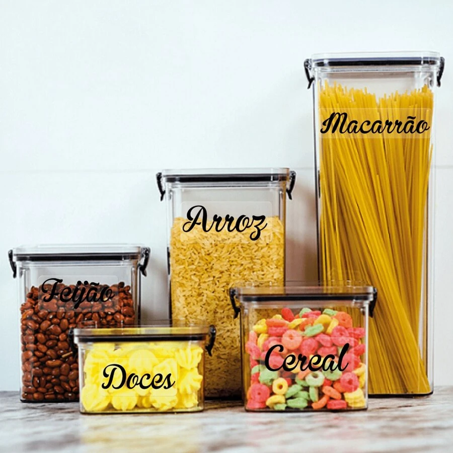 Set Of 5 Airtight Acrylic Square Stackable Jars White With Transparent Seal And Lock For Spaghetti Food Groceries Cereal Fruit Rice Beans Coffee Cold Cuts Vegetables - 無色 - 查看 1