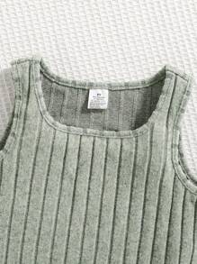 2pcs Girls Spring/Autumn Solid Color Ribbed Knit Short Pullover Sweater & Sleeveless Jumper Dress Set, Casual Comfortable Versatile Elegant Outfit For Outdoor, Party, Street, Children Autumn Clothing - Green - View 5
