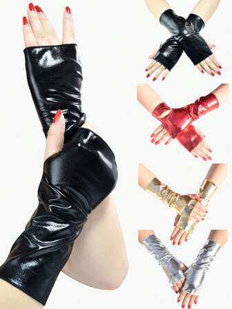 1pair Women Short Fingerless PU Leather Gloves For Halloween Punk Performance