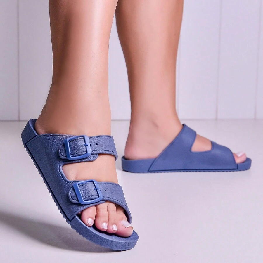 Birken Slide Two Buckles Injected Women's Flat Sandals - Blue - View 1