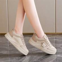 Giày thể thao đế bệt màu trơn đơn giản cho nữ, giày thể thao đế dày thời trang - Màu Khaki - Xem 7