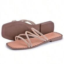 Flat Sandals Women's Sandals With Rhinestone Straps, Elegant Luxury, First-Class Finish, Ideal For Any Occasion - 駝色 - 查看 4