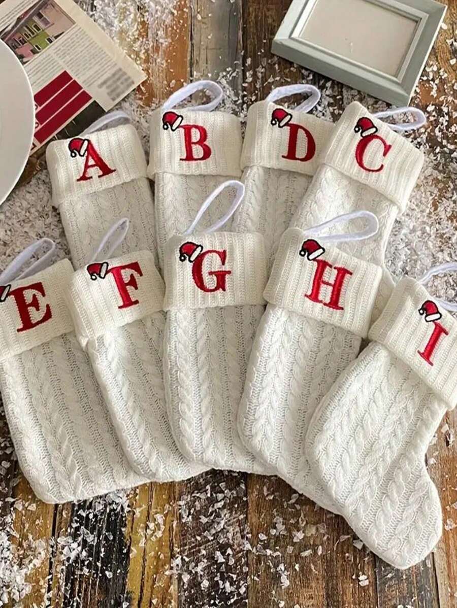 1 cái, Vớ Giáng sinh đan chữ, Đồ trang trí cây thông Noel tại nhà, Đồ trang trí Giáng sinh, Vớ Giáng sinh màu trắng, Dùng để trang trí theo chủ đề Giáng sinh, Giáng sinh - trắng - Xem 1