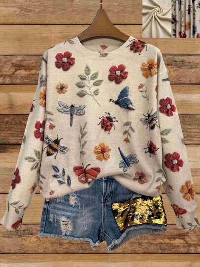 Digital Print Long Sleeve Sweater For Women, Fashionable Pullover Tops, Suitable For Autumn Winter