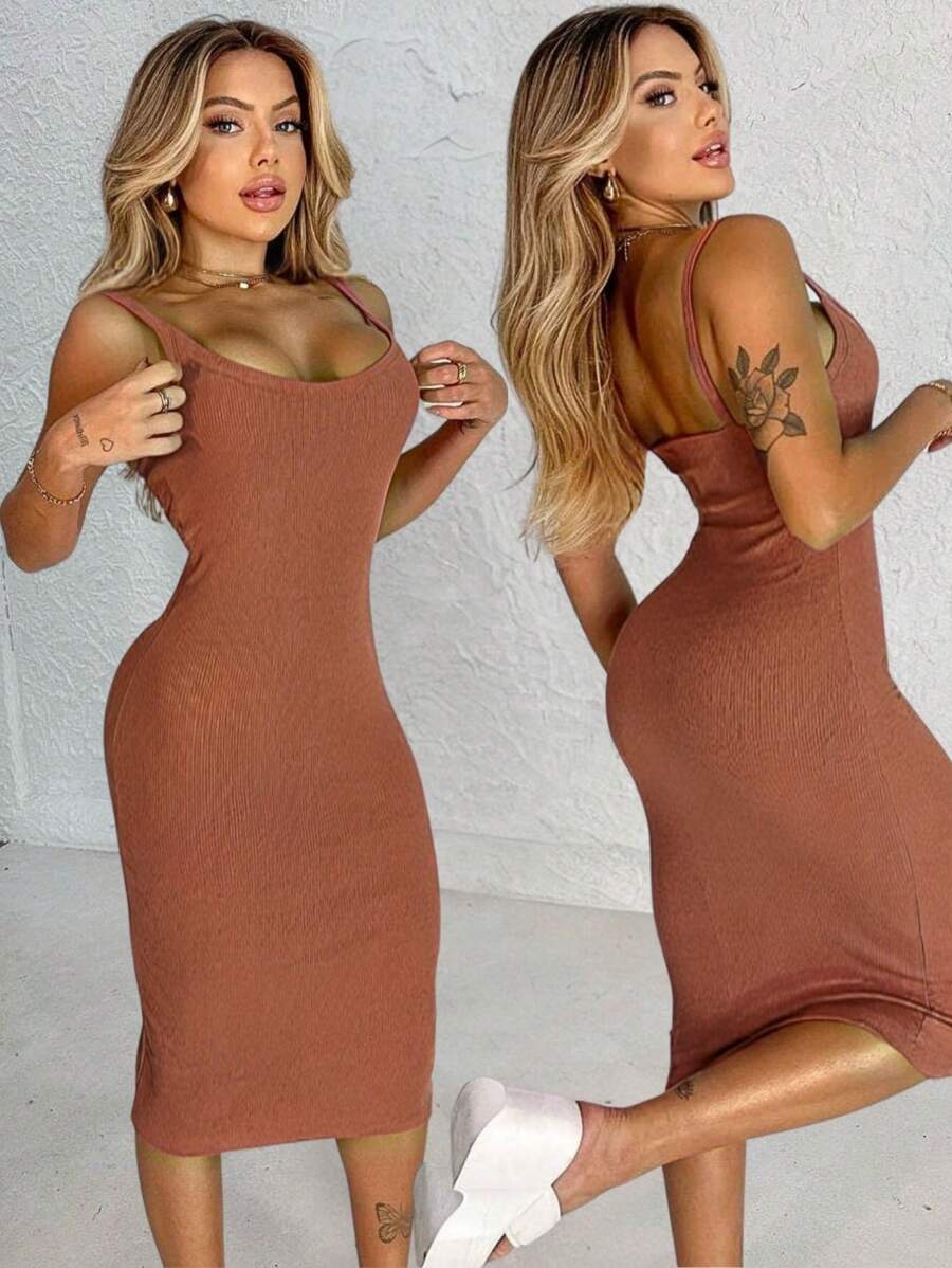 Vestido curto feminino verao canelado ribana premium tendencia - Chocolate - Visão 1