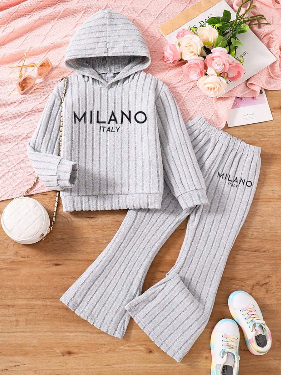 Bộ đồ liền quần thêu chữ và quần ống loe thời trang xuân thu cho bé gái - Xám - Xem 1