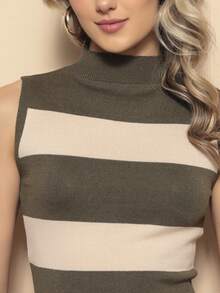 Striped Modal Knit Tank Top With High Neck New Collection - 軍綠色 - 查看 4