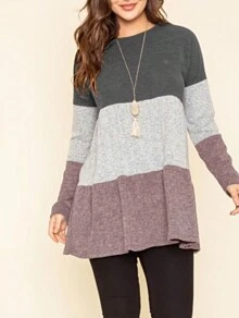 Boho Retro 70's 90's Vintage Black Black Olive Mocha Pink Mint Knit Brushed Ruffle Tiered Color Block Stripe Tunic Dress - 粉色 - 查看 2