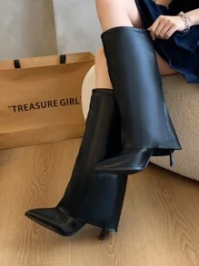 Women Black Pointed Toe Slim Heel Knee High Boot, 2024 Autumn Winter New Arrivals; Women White Slim Heel Over-The-Knee Tall Boots, European And American Style