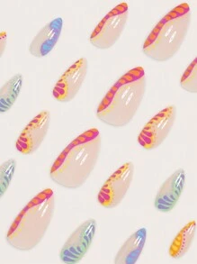 Transforme suas unhas com o Kit com 24 Peças de Unhas Adesivas de Médio Tamanho em Formato de Amêndoa Estilo Boho, Multicolorido, com Design de Linha Ondulada Romântica e Elementos Interessantes de Poá e Gota d'Água em Tiras de Gel, Inclui 1 Folha de Adesivos e 1 Lixa Pequena para Uso Diário, Escritório, Festas e Acessórios de Jóias para Mulheres