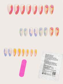 Transforme suas unhas com o Kit com 24 Peças de Unhas Adesivas de Médio Tamanho em Formato de Amêndoa Estilo Boho, Multicolorido, com Design de Linha Ondulada Romântica e Elementos Interessantes de Poá e Gota d'Água em Tiras de Gel, Inclui 1 Folha de Adesivos e 1 Lixa Pequena para Uso Diário, Escritório, Festas e Acessórios de Jóias para Mulheres