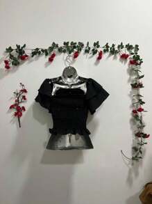 Cropped Lastex Women's  Long Sleeve Women's Cropped Blouse Various Colors Strapless - 黑色 - 查看 2