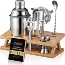 SHEIN X Heather Rae KITESSENSU Cocktail Shaker Set Bartender Kit, 6-Piece Silver Bar Set With Stand, Bar Kit With Essential Bar Accessory Tools: Martini Shaker, Jigger, Strainer, Bar Spoon, Tongs, Opener