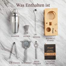 SHEIN X Heather Rae KITESSENSU Cocktail Shaker Set Bartender Kit, 6-Piece Silver Bar Set With Stand, Bar Kit With Essential Bar Accessory Tools: Martini Shaker, Jigger, Strainer, Bar Spoon, Tongs, Opener