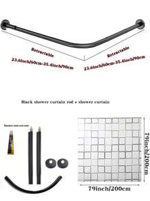 1pc Retractable Stainless Steel L-Shaped Bathtub Shower Curtain Rod, No Drill Installation, Suitable For Bathroom, Clothing Store, Private Space (Curtain Not Included), Black Home Bathroom Decor Fall Decor Bathroom Accessories Back To School