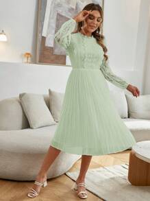 Simplee 女士优雅蕾丝拼接纯色长袖褶裥连衣裙，派对礼服，婚礼宾客春季礼服 - 綠色 - 查看 4