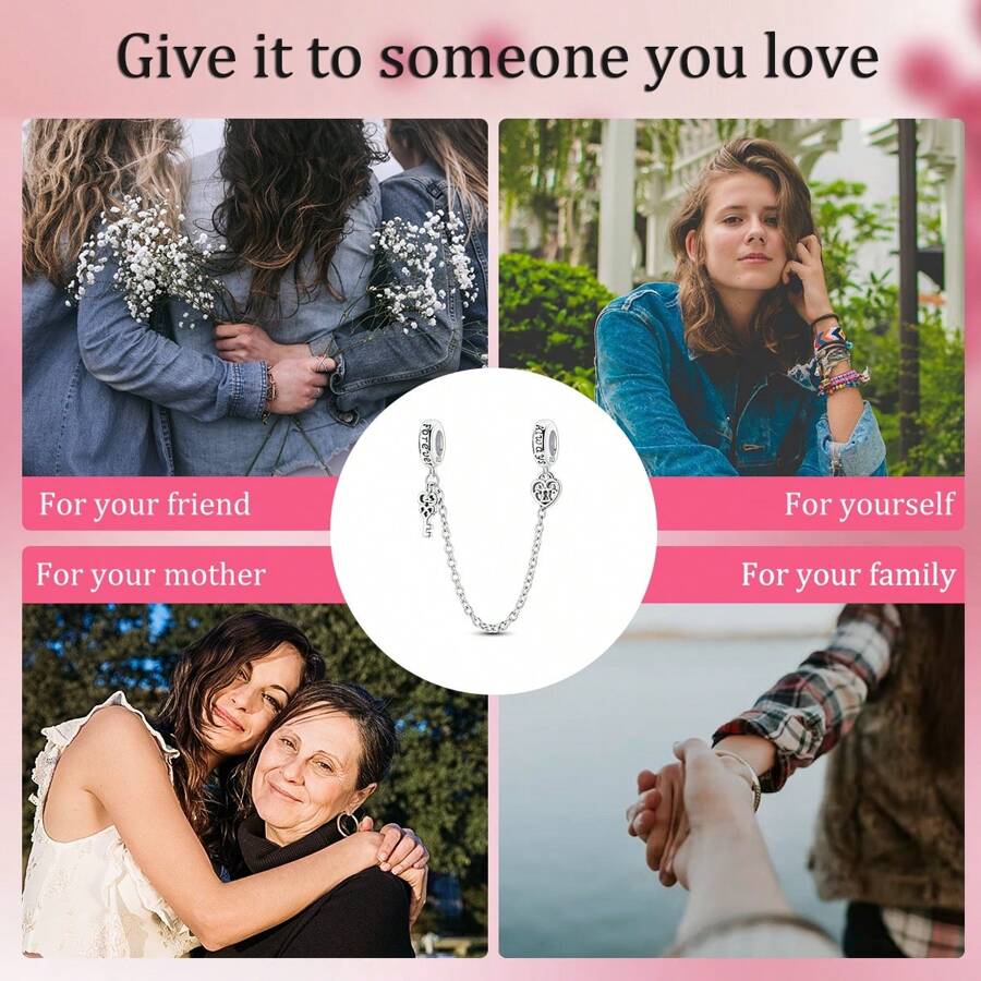 925 Sterling Silver Hollow Heart Love Lock Rubber Safety Chain Charm