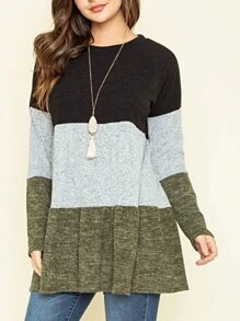 Boho Retro 70's 90's Vintage Black Black Olive Mocha Pink Mint Knit Brushed Ruffle Tiered Color Block Stripe Tunic Dress - 橄欖綠 - 查看 1