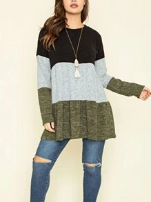 Boho Retro 70's 90's Vintage Black Black Olive Mocha Pink Mint Knit Brushed Ruffle Tiered Color Block Stripe Tunic Dress - 橄欖綠 - 查看 2