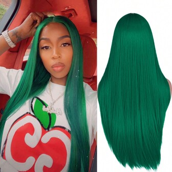 Long Green Wig Straight Hair Synthetic Wigs For Women Men Halloween Cosplay Wig Middle Part Wig Heat Resistant Fiber Party Use