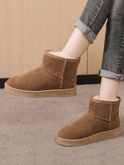 Gray & Brown Thermal Lined Short Ankle Boots With Thick Sole, Warm & Waterproof Indoor/Outdoor Wear, Winter Fur Snow Boots For Girls