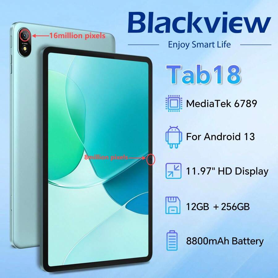 Blackview 13 平板电脑，12GB+ 256GB/1TB TF，2000*1200 FHD+IPS 显示屏，带 SIM 卡插槽的 4G 平板电脑，5GWiFi，16MP+ 8MP，8800mAh 电池，指纹面部双解锁，Harman Kardon 立体声扬声器，Widevine L1，TUV 认证的欧盟手写笔，圣诞节必备品