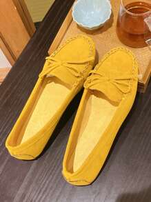 女士平底一脚蹬鞋，黄色圆头绒面革蝴蝶结平底鞋，轻便舒适，适合室内/室外穿着 - 黃色 - 查看 5