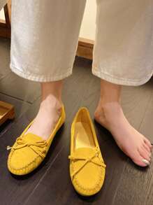 女士平底一脚蹬鞋，黄色圆头绒面革蝴蝶结平底鞋，轻便舒适，适合室内/室外穿着 - 黃色 - 查看 3