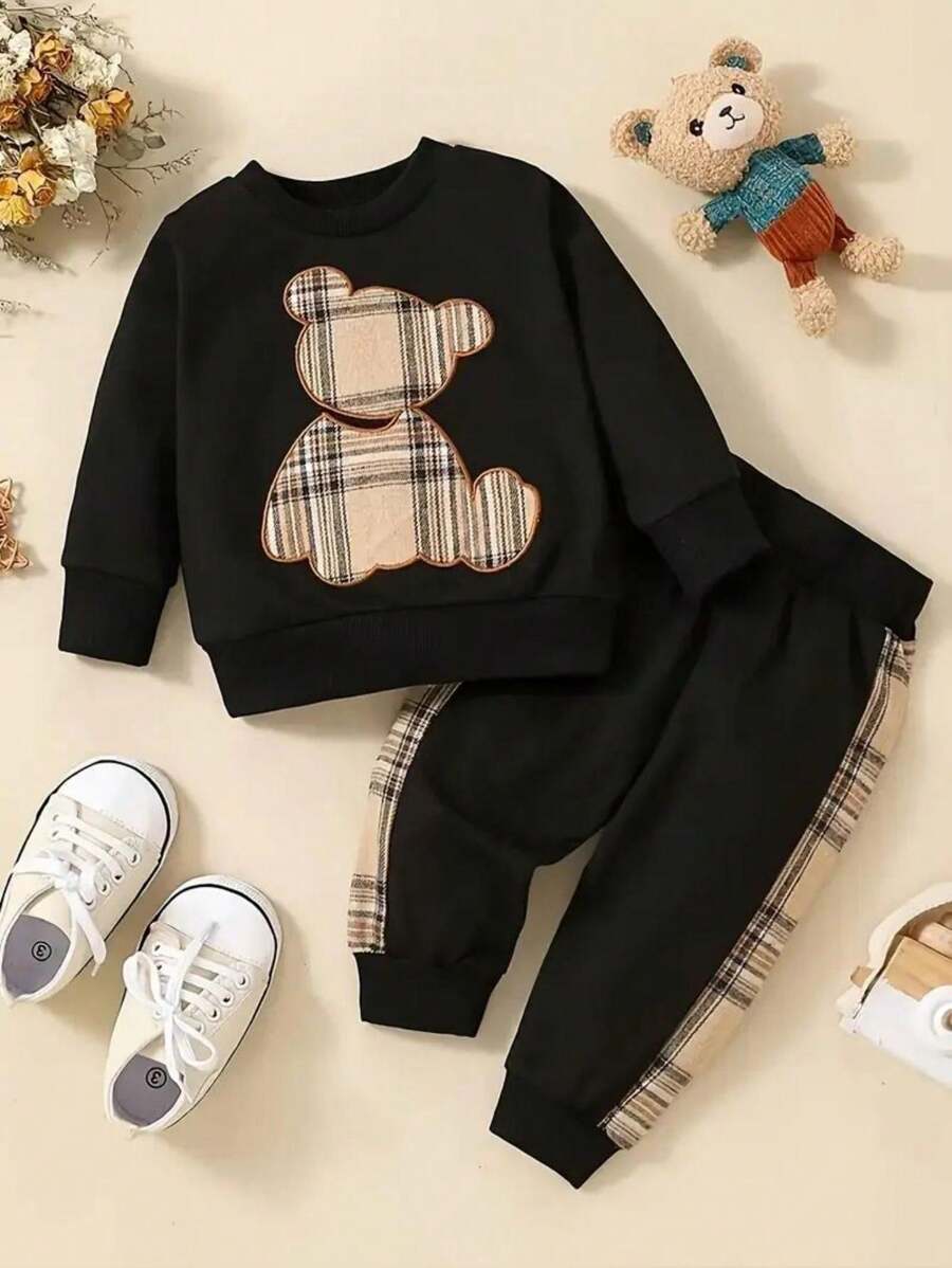 2pcs Baby Girls' Plaid Bear Print Long Sleeve Top And Plaid Patchwork Pants Set, Spring/Autumn