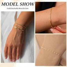 5 件套时尚精致网球串珠回形针和链式手链，可堆叠饰品套装，适合女士，礼物 - 金色 - 查看 4