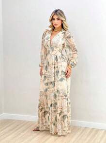 Long Sleeve Dress In Printed Tulle - Beige - View 1